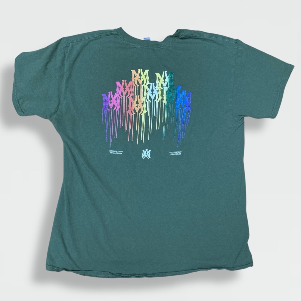 Amiri Drip Collage Graphic Tee on Green Gildan T-Shirt (Large - Fair)